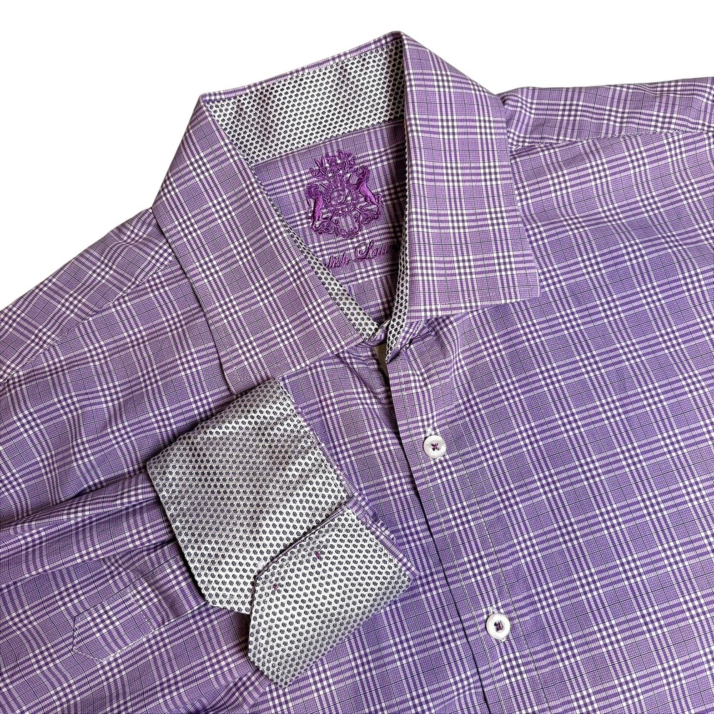 English Laundry Button Down Shirt Mens 17.5 35 Purple Plaid Contrast Cuff Party